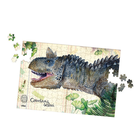 Partially completed Vilac jigsaw puzzle featuring a detailed Carnotaurus sastrei dinosaur.