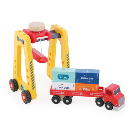 Vilac wooden container crane and red truck toy with stacked CMA CGM shipping containers on a white background.