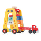 Vilac wooden container crane and red truck toy with colorful shipping containers on a white background.