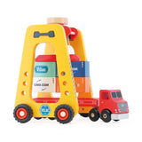 Vilac wooden container crane straddle carrier loading CMA CGM cargo blocks onto a red toy semi truck trailer.