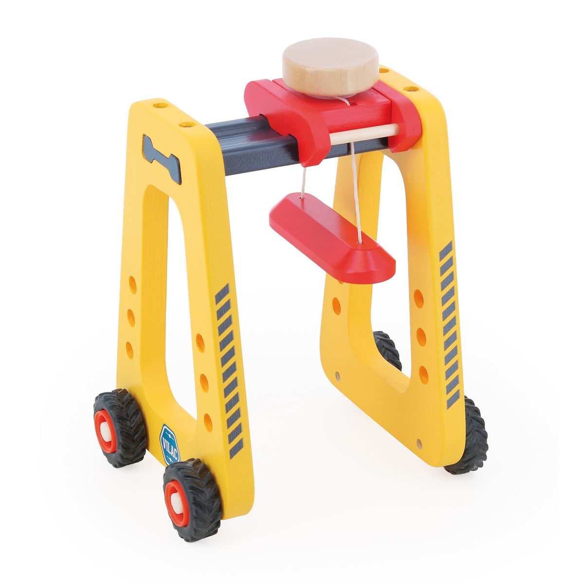 Yellow Vilac wooden toy container crane with a red hoisting pulley mechanism and wheels.