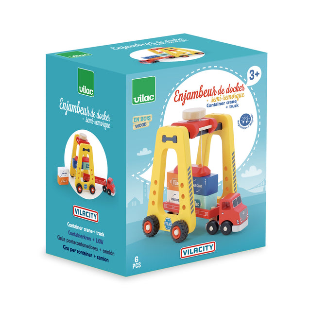 Vilacity wooden container crane and truck toy packaging box showing the product on a blue background.