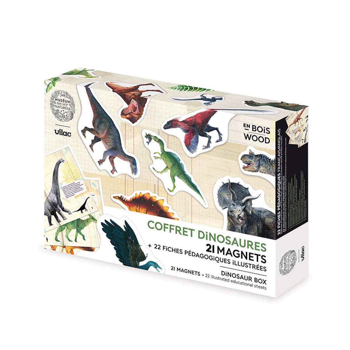 Vilac dinosaur toy magnetic set box containing 21 wooden magnets and 22 educational dinosaur cards.