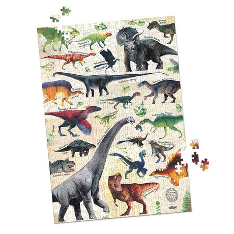 Vilac dinosaur jigsaw puzzle featuring vintage illustrations of various dinosaurs with scientific names.