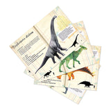 Vintage style illustrated dinosaur flashcards or puzzle cards featuring a Brachiosaurus on a grid paper design.