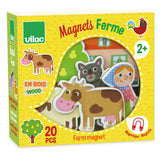 Vilac 20-piece wooden farm animal magnets set for kids, featuring colorful cows, cat, and farm characters in a yellow box.