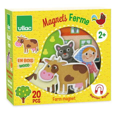Vilac 20-piece wooden farm animal magnets set for kids, featuring colorful cows, cat, and farm characters in a yellow box.