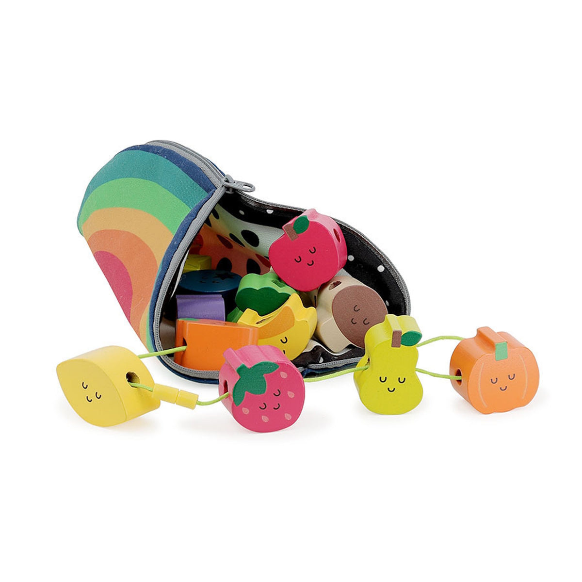 Wooden fruit lacing beads with cute faces spilling out of a rainbow zippered storage pouch.
