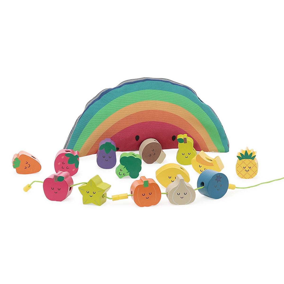 Vilac wooden fruit and vegetable lacing beads toy set with a rainbow watermelon storage pouch.