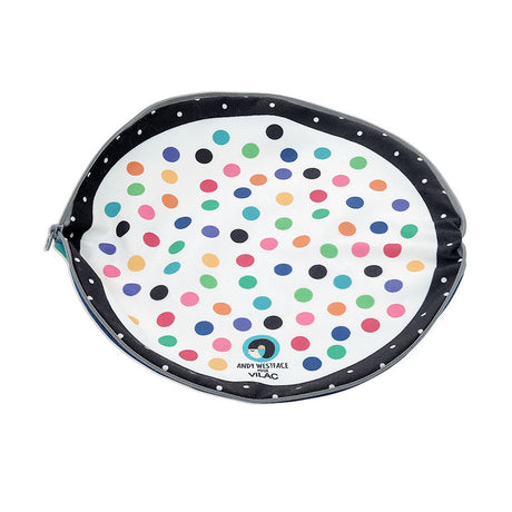 Open Vilac toy storage pouch featuring a colorful polka dot lining designed by Andy Westface.