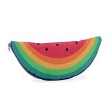 Colorful watermelon shaped zippered storage pouch with rainbow stripes for toy fruit lacing beads.