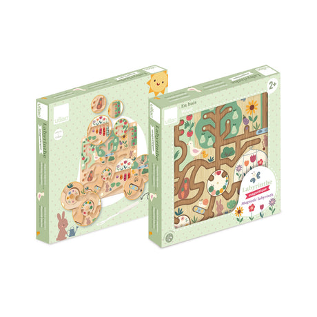 Vilac garden magnetic maze wooden toy packaging boxes showing the front and back against a white background.