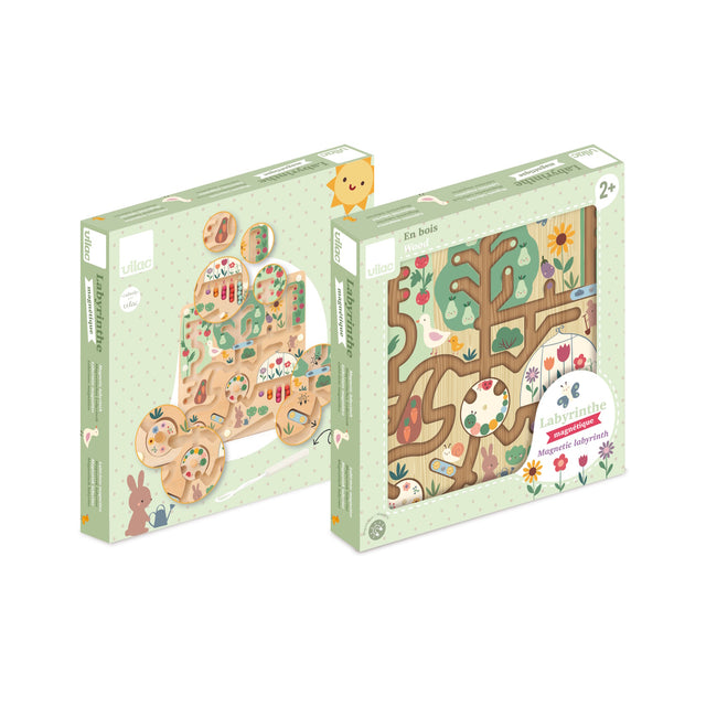 Vilac garden magnetic maze wooden toy packaging boxes showing the front and back against a white background.