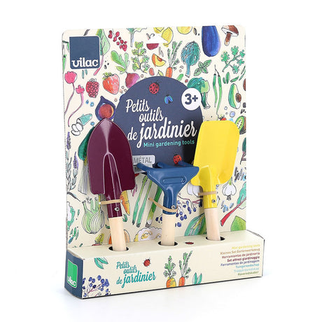 Vilac kids mini gardening tools set packaging featuring a colorful purple trowel, blue rake, and yellow spade.