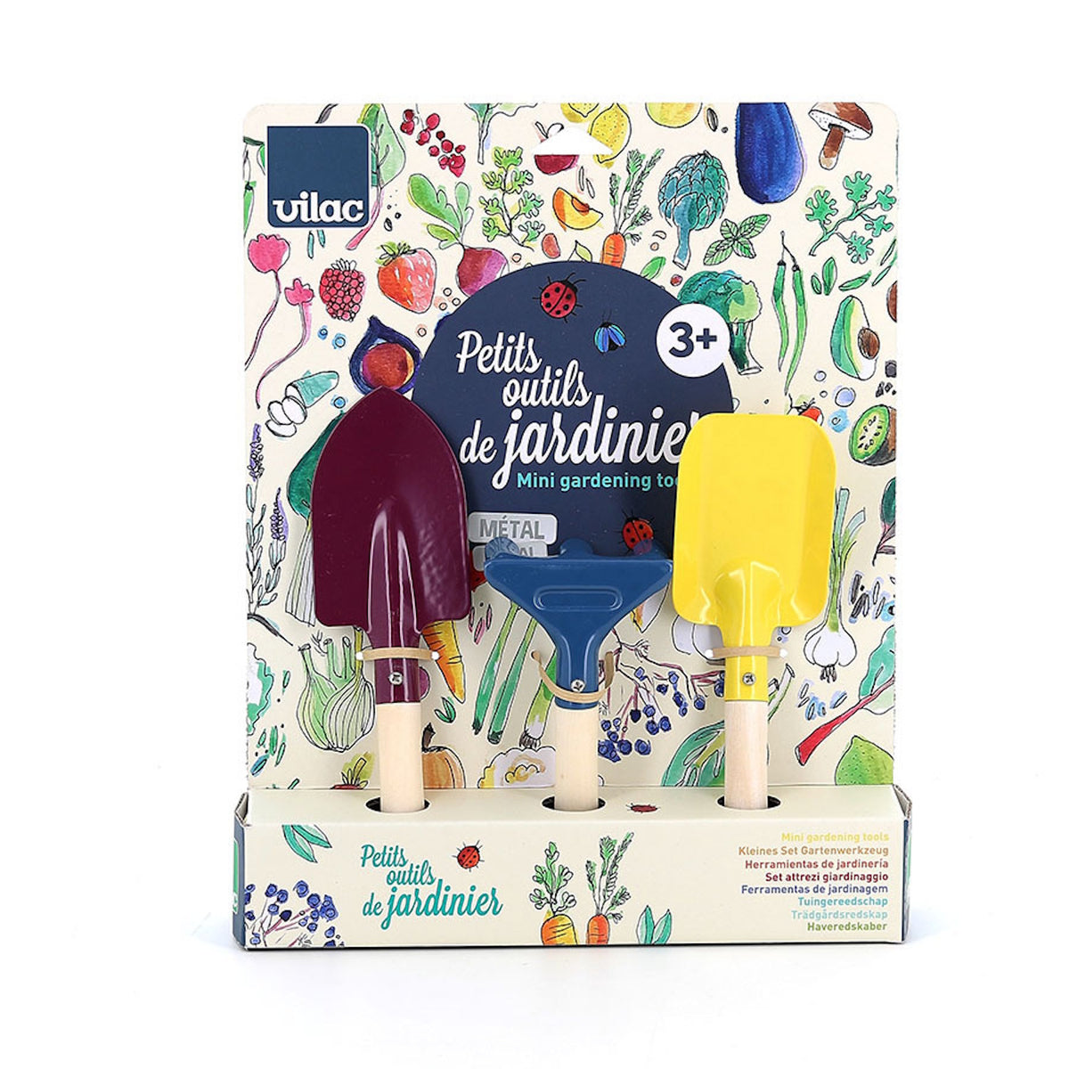 Vilac mini gardening tools set for kids with a colorful purple trowel, blue rake, and yellow shovel.
