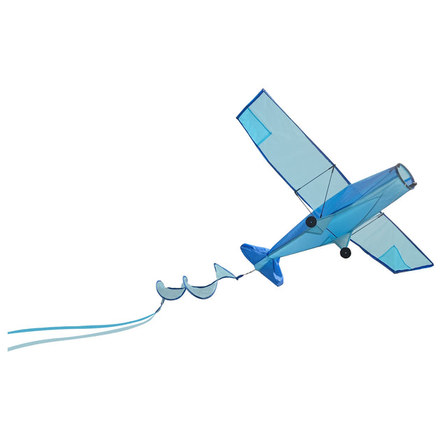Blue airplane kite with a spinning spiral tail flying against a solid white background.