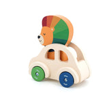 Vilac wooden lion beep car toy for toddlers showing the left side with green and blue wheels.