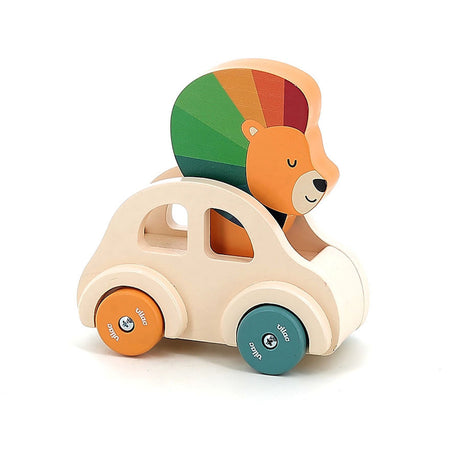 Vilac wooden toy car with a colorful rainbow lion driver, isolated on a white background.