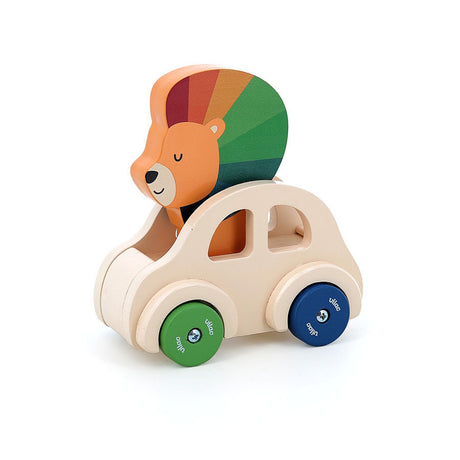 Vilac wooden toy car with a colorful lion driver, featuring green and blue wheels on a white background.
