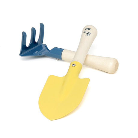 Vilac kids gardening tool set with a yellow toy shovel and a blue hand rake on a white background.