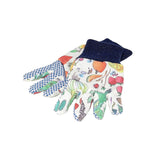 Vilac kids gardening gloves with colorful fruit and vegetable print, blue cuffs, and gripped palms.