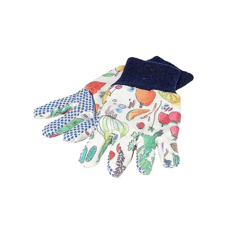 Vilac kids gardening gloves with colorful fruit and vegetable print, blue cuffs, and gripped palms.