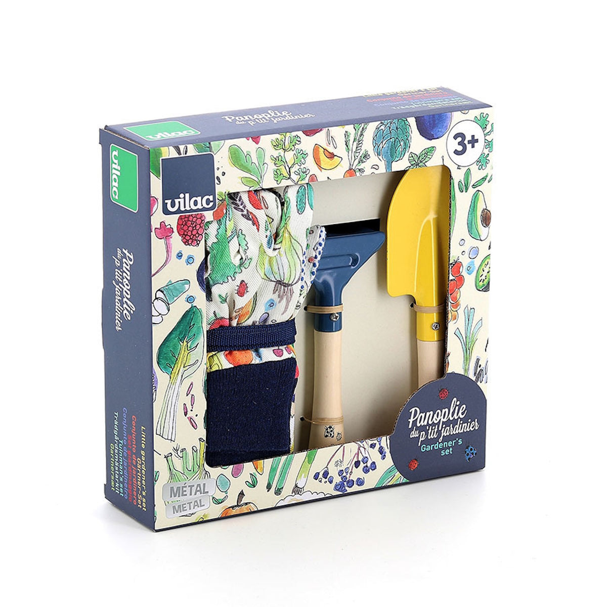 Vilac Little Gardener's set packaging featuring a kids toy trowel, rake, and patterned garden gloves.
