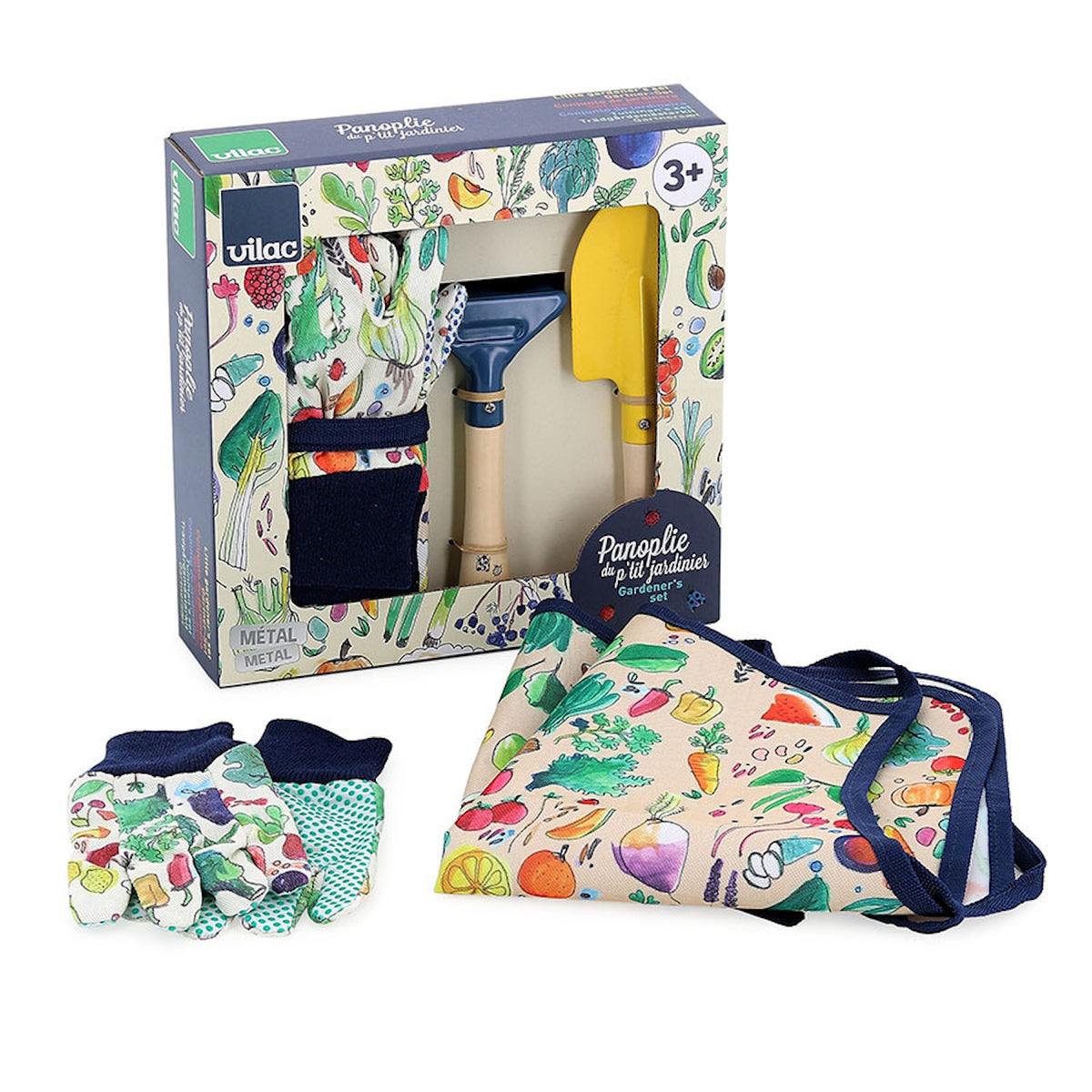 Vilac kids gardening set in its illustrated box package with patterned gloves and a vegetable-print apron.