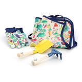Kids gardening set with a patterned tote bag, matching gloves, a yellow toy trowel, and a blue hand rake.