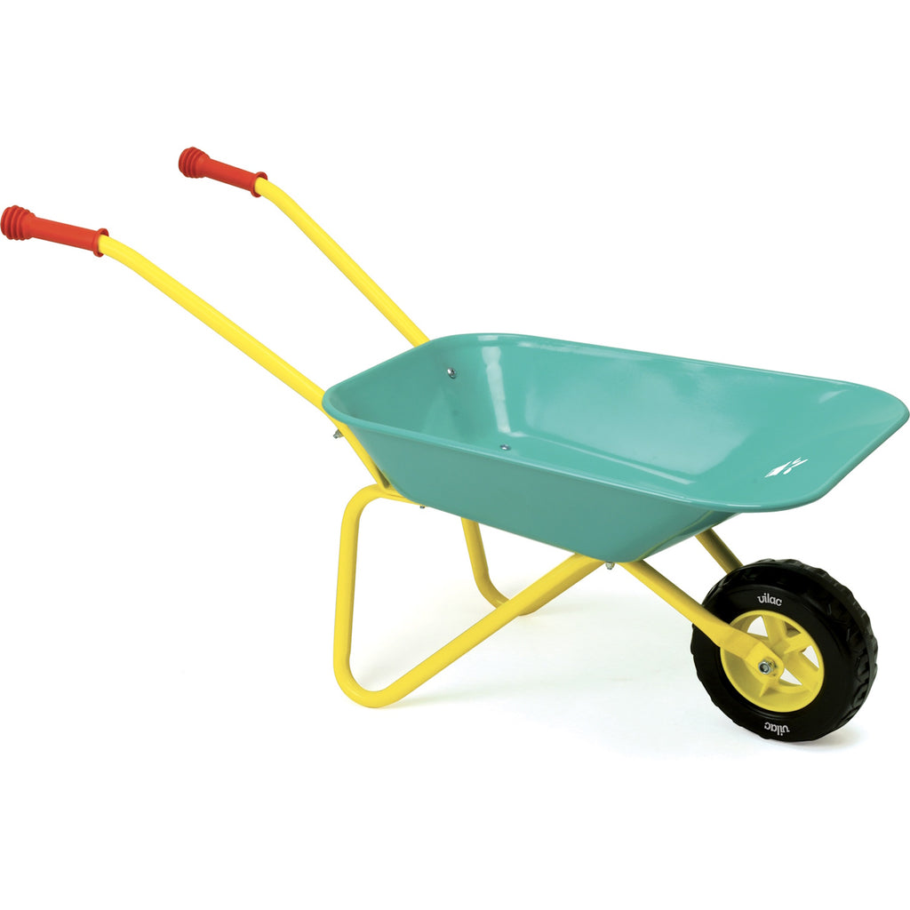 A bright teal wheelbarrow with yellow handles and supports, featuring red grips and a single black rubber wheel, is placed on a white background.
