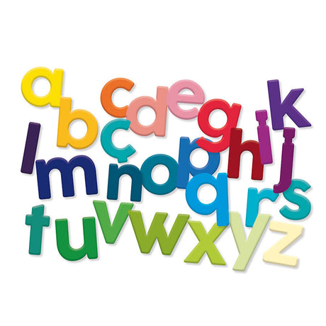 Colorful lowercase magnetic letters from a to z arranged in a jumbled alphabet on a white background.