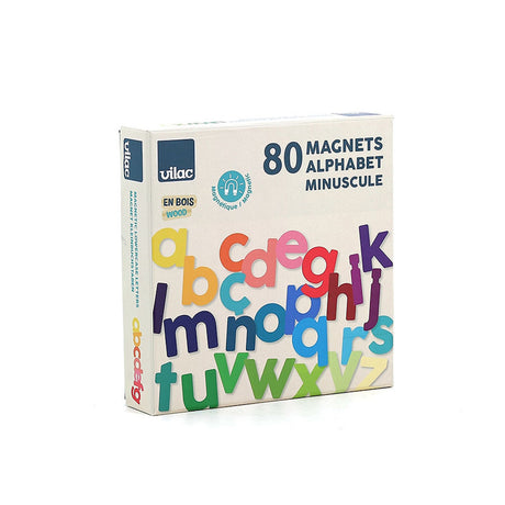 Vilac lowercase wooden alphabet magnets box with 80 colorful magnetic letters for kids learning and play.