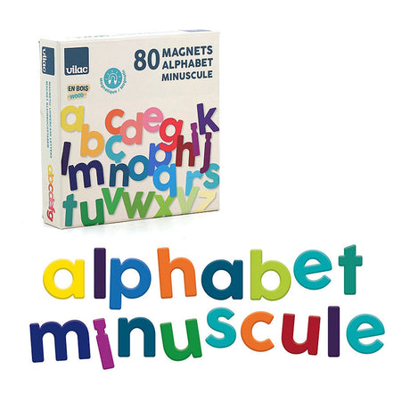 Vilac lowercase magnetic letters in colorful wood, spelling alphabet minuscule next to toy packaging box.