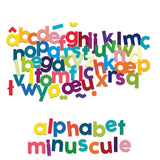Colorful lowercase Vilac magnetic letters spelling alphabet minuscule on white background.