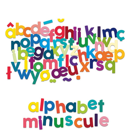 Colorful lowercase Vilac magnetic letters spelling alphabet minuscule on white background.