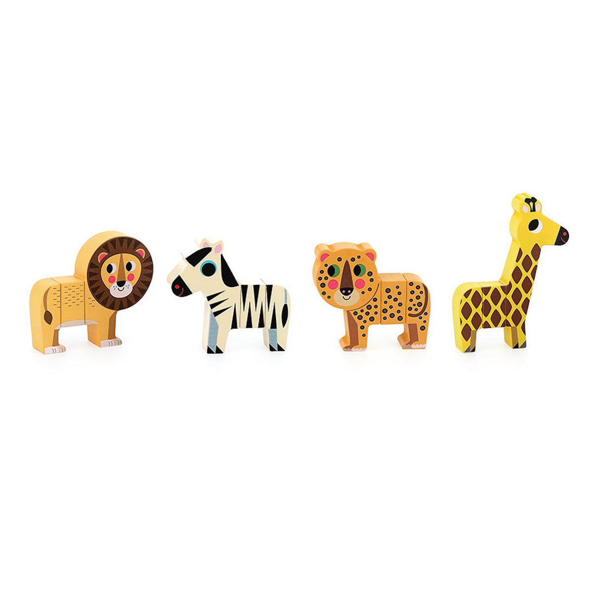 Wooden magnetic safari animal toys featuring a lion, zebra, leopard, and giraffe.