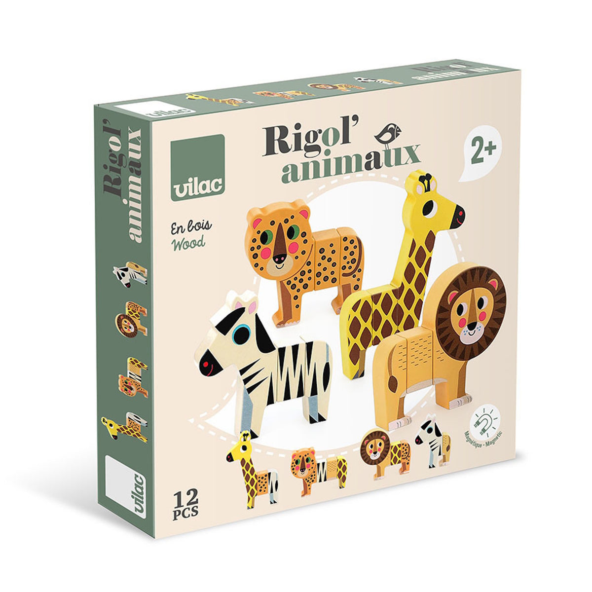 Wooden magnetic safari animal toy box by Vilac, featuring a giraffe, lion, leopard, and zebra.