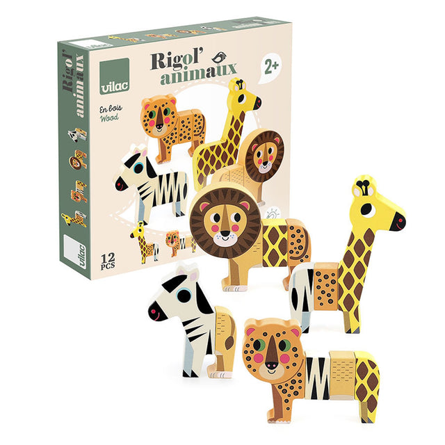 Vilac Rigol'animaux magnetic wooden safari animal toy set with box packaging on white background.