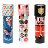 Three Vilac metal kaleidoscope toys in blue star, pink rosette, and red guardsman designs shown in a front view.