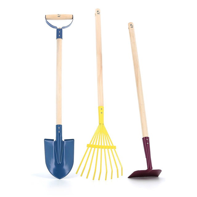 Set of colorful kids' gardening tools including a blue shovel, yellow rake, and purple hoe with wooden handles.