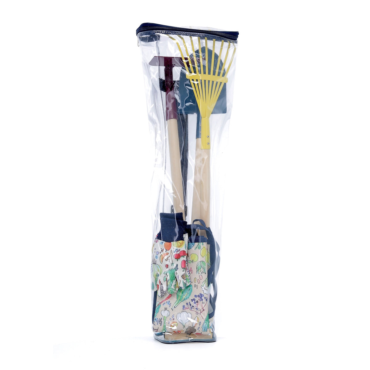 Kids garden tool set in clear carrying bag with rake, shovel, hoe, and patterned gardening gloves for children.