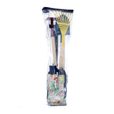 Kids garden tool set in clear carrying bag with rake, shovel, hoe, and patterned gardening gloves for children.