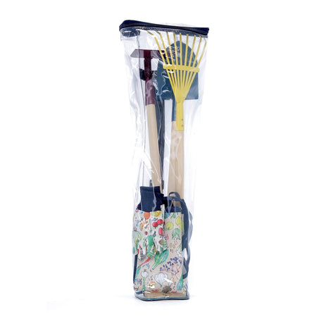 Kids garden tool set in clear carrying bag with rake, shovel, hoe, and patterned gardening gloves for children.