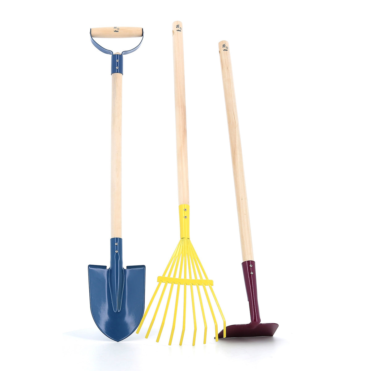 Colorful kids' gardening tool set featuring a blue shovel, yellow rake, and purple hoe with long wooden handles.