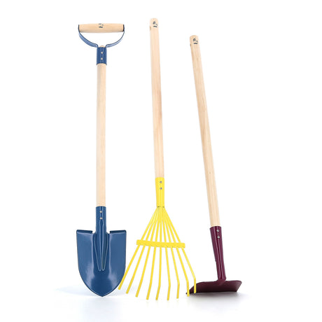 Colorful kids' gardening tool set featuring a blue shovel, yellow rake, and purple hoe with long wooden handles.