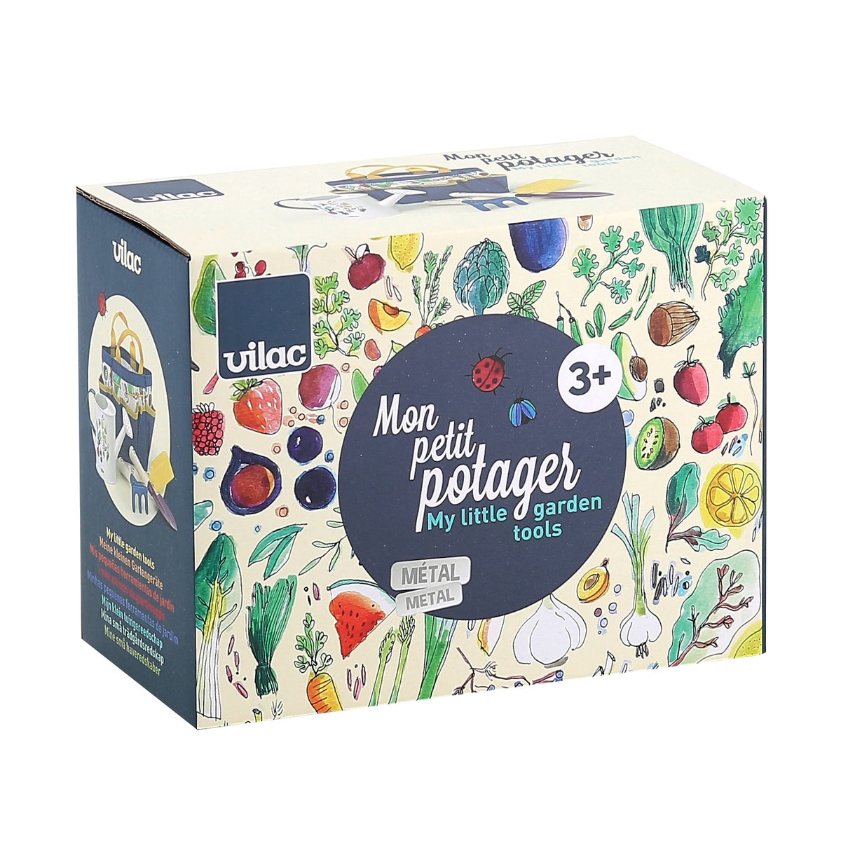 Vilac Mon Petit Potager kids metal garden tools set in illustrated box for children ages 3 plus.