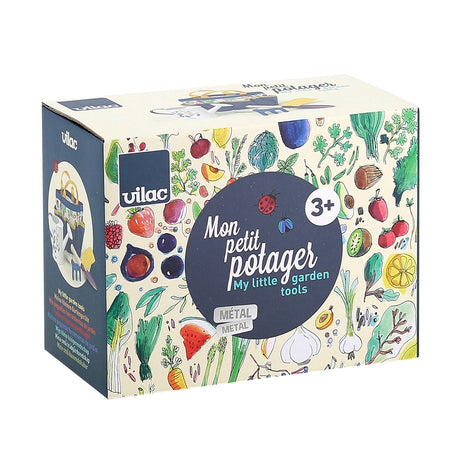 Vilac Mon Petit Potager kids metal garden tools set in illustrated box for children ages 3 plus.