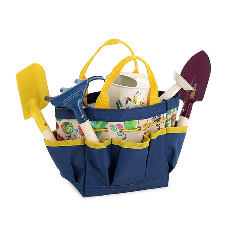 Colorful kids gardening tool set with blue tote bag, small shovels, rake, and watering can for outdoor play.