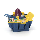 Vilac children's garden tool set with colorful metal rake and shovels in a blue and yellow vegetable print tote bag.
