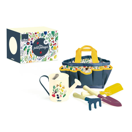 Vilac Mon Petit Potager kids gardening set with blue tool bag, watering can, trowel, and rake for children ages 3+.